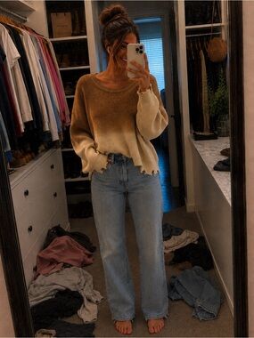 SHEIN Tan to Cream Ombré Ribbed Crewneck Sweater